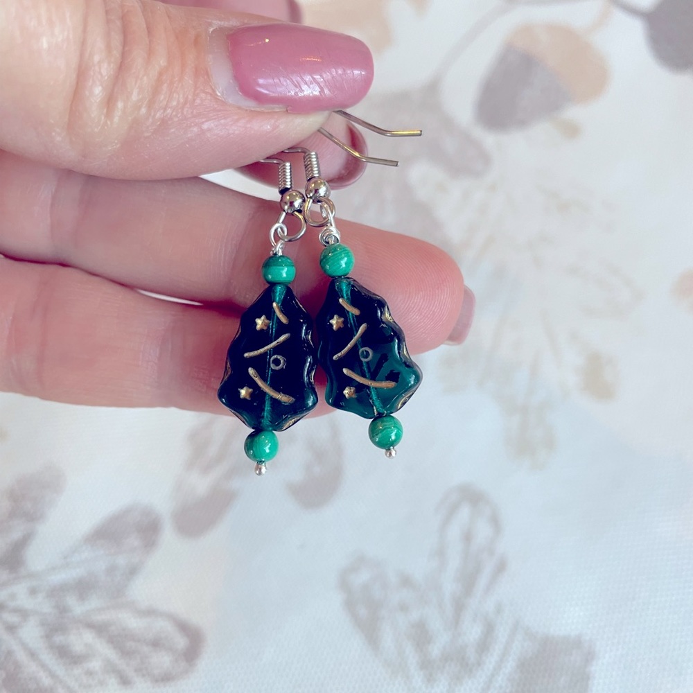 Handmade Christmas Earrings, Green Glass Tree